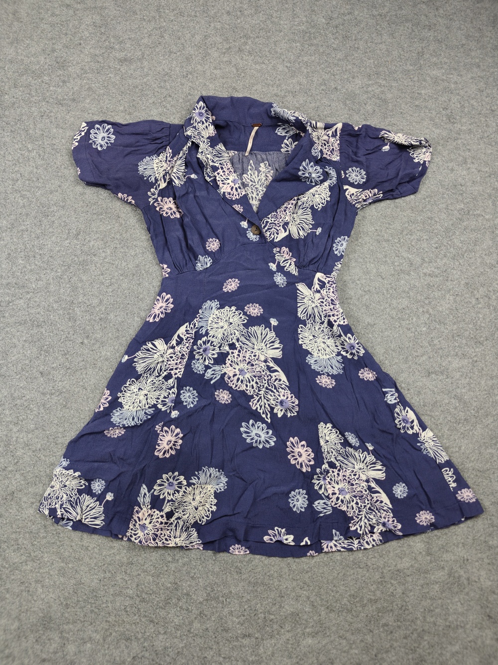 Free People Dress Womens XS Blue Fit & Flare Short V-Neck Puff Sleeve Collared